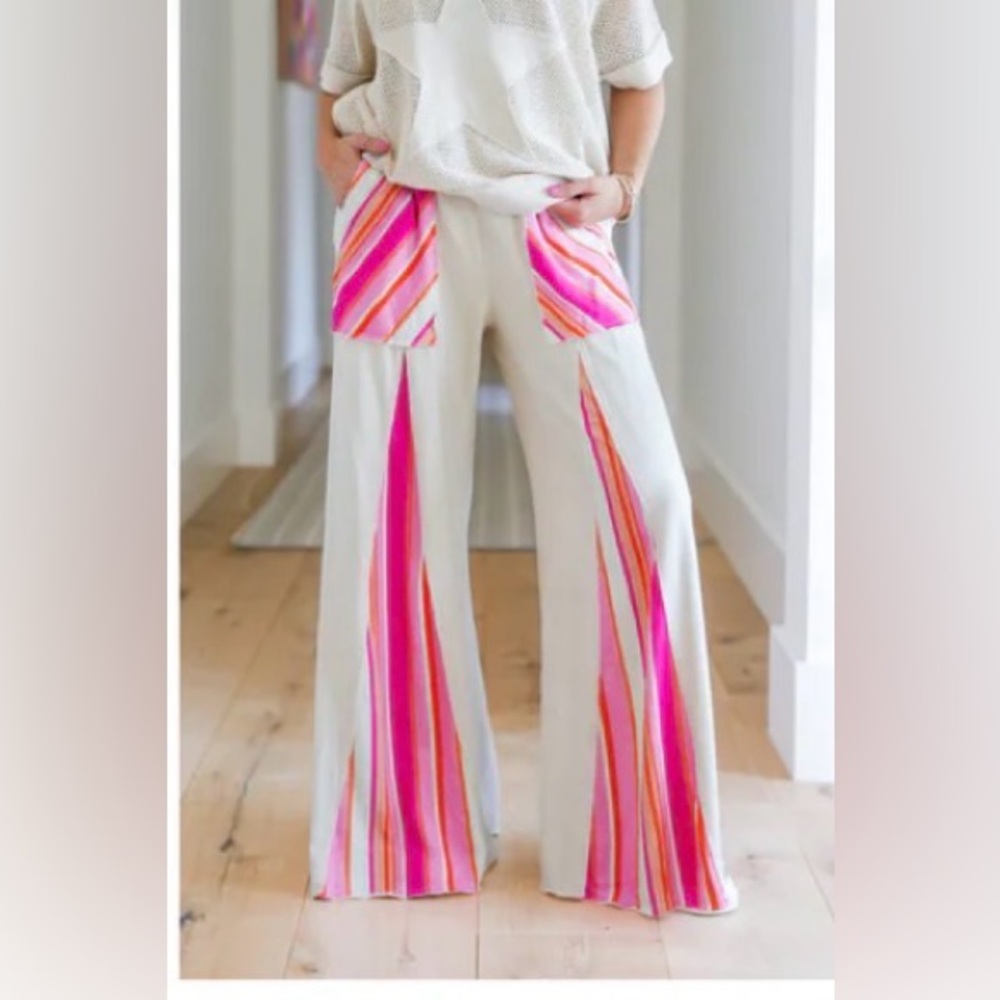 J Her Wide Leg Cream Pants with Pink Stripe Insets